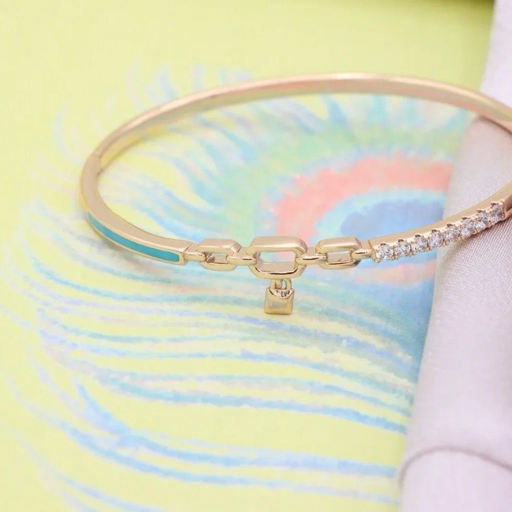 Chic Rose Gold Bangle with Lock Charm and Blue Enamel Accent, XPBL0432